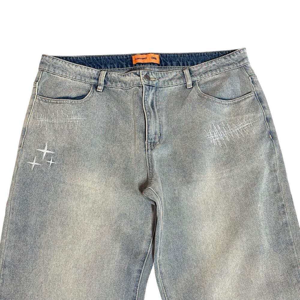 Loiter Jeans Mens 38x32 Light Wash Wide Leg Baggy Embroidered Street Wear Y2K - Picture 3 of 11